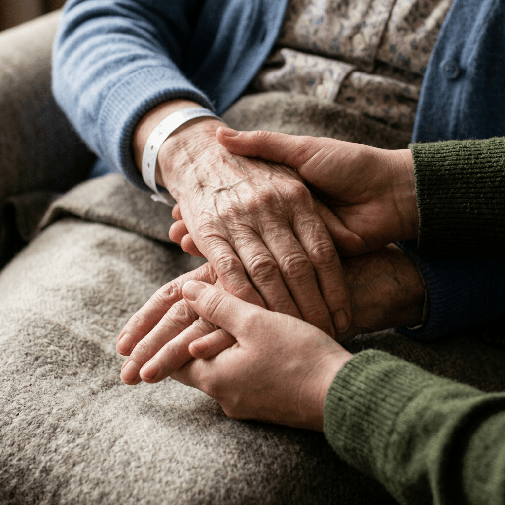 Younger person holding elderly woman's hands